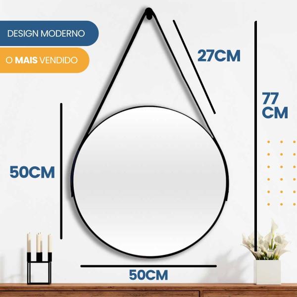 Espelho Adnet Redondo 50cm com Alça e Suporte para Sala Hall Lavabo Banheiro Quarto - Outlet Dos Espelhos Imagem de Espelho Adnet Redondo 50cm com Alça e Suporte para Sala Hall Lavabo Banheiro Quarto