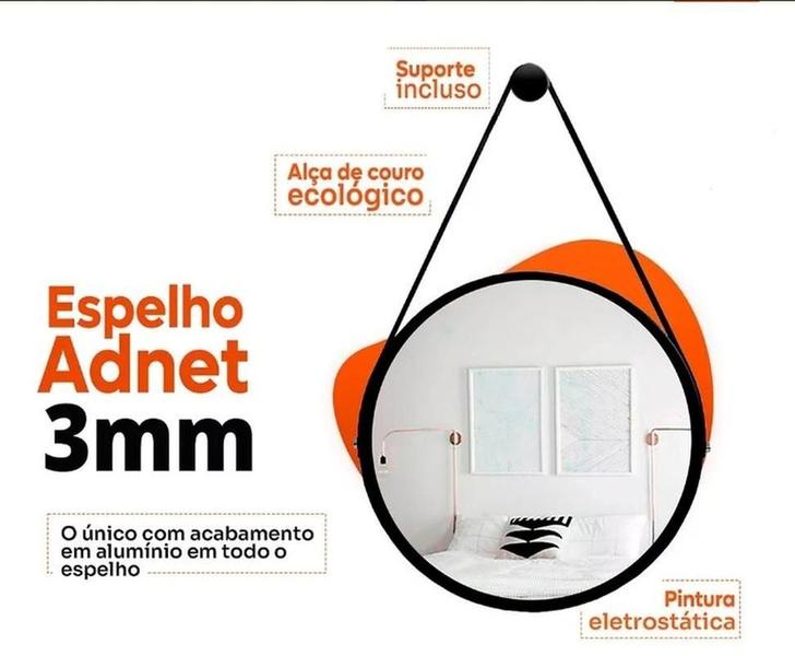 Imagem de Espelho Adnet Redondo Decorativo Suspenso Com Alça 40cm + Suporte Marrom Alça Caramelo