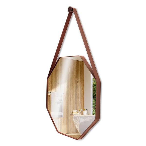 Espelho Banheiro Decorativo Sextavado 60cm Alça De Couro + Pino - Landi Vendas Imagem de Espelho Banheiro Decorativo Sextavado 60cm Alça De Couro + Pino