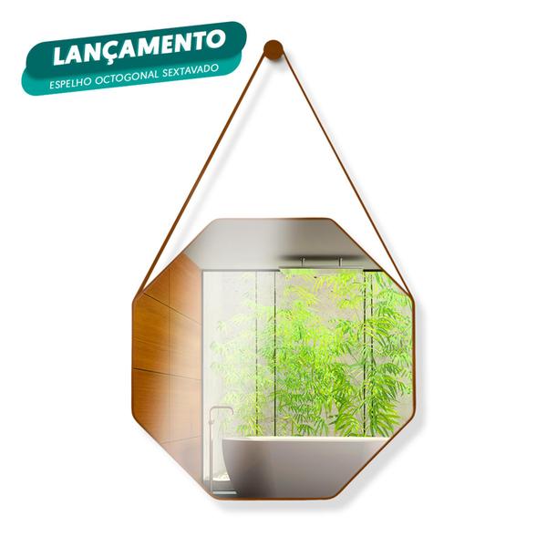 Espelho Banheiro Decorativo Sextavado 60cm Alça De Couro + Pino - Landi Vendas Imagem de Espelho Banheiro Decorativo Sextavado 60cm Alça De Couro + Pino