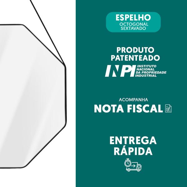 Espelho Banheiro Decorativo Sextavado 60cm Alça De Couro + Pino - Landi Vendas Imagem de Espelho Banheiro Decorativo Sextavado 60cm Alça De Couro + Pino