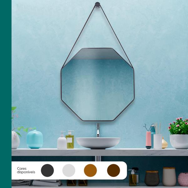 Espelho Banheiro Decorativo Sextavado 60cm Alça De Couro + Pino - Landi Vendas Imagem de Espelho Banheiro Decorativo Sextavado 60cm Alça De Couro + Pino