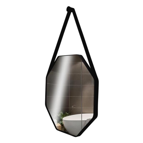 Espelho Banheiro Decorativo Sextavado 60cm Alça De Couro + Pino - Landi Vendas Imagem de Espelho Banheiro Decorativo Sextavado 60cm Alça De Couro + Pino