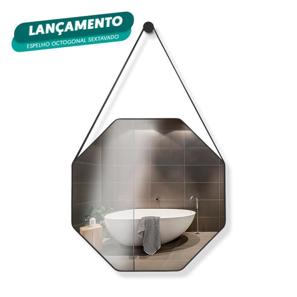Espelho Banheiro Decorativo Sextavado 60cm Alça De Couro + Pino - Landi Vendas Imagem de Espelho Banheiro Decorativo Sextavado 60cm Alça De Couro + Pino