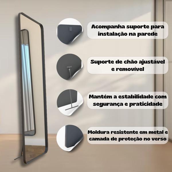 Imagem de Espelho de Chão Retangular Corpo Inteiro Grande 170 x 70 com Suporte - Moldura de Metal