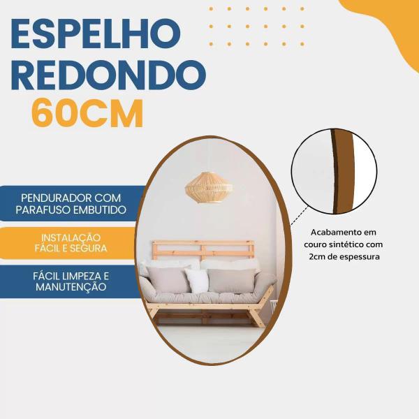 Imagem de Espelho de Parede Redondo Decorativo 60cm com Acabamento Ecológico