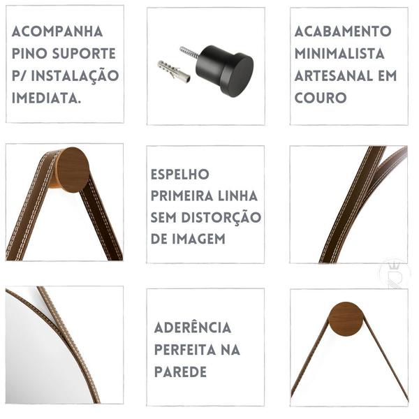 Imagem de Espelho Decorativo Escritório Alça Em Couro 60cm + Suporte