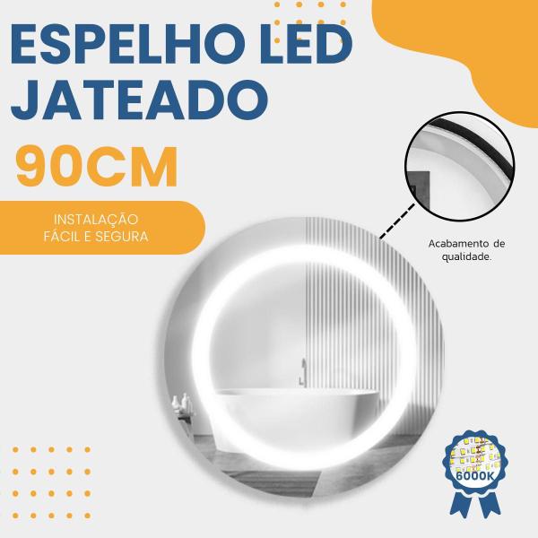 Imagem de Espelho Decorativo Lapidado Redondo com Led Frontal Jateado Branco 90cm para Sala Quarto Banheiro