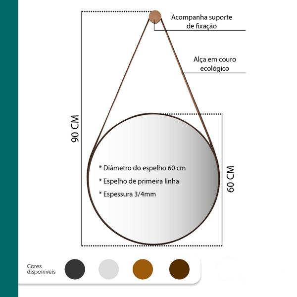 Imagem de Espelho Decorativo Redondo 60cm Adnet Suspenso C/ Alça Couro