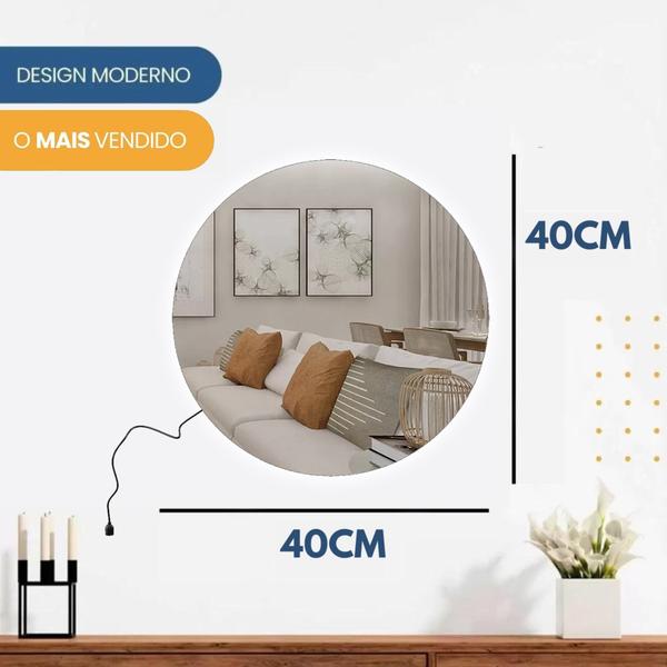 Imagem de Espelho Decorativo Redondo com Led Branco de Parede 40cm, 50cm, 60cm para Sala Banheiro Quarto