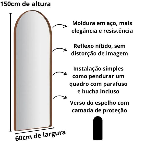 Imagem de Espelho grande em arco corpo inteiro 150x60 com base reta - moldura de metal em várias cores