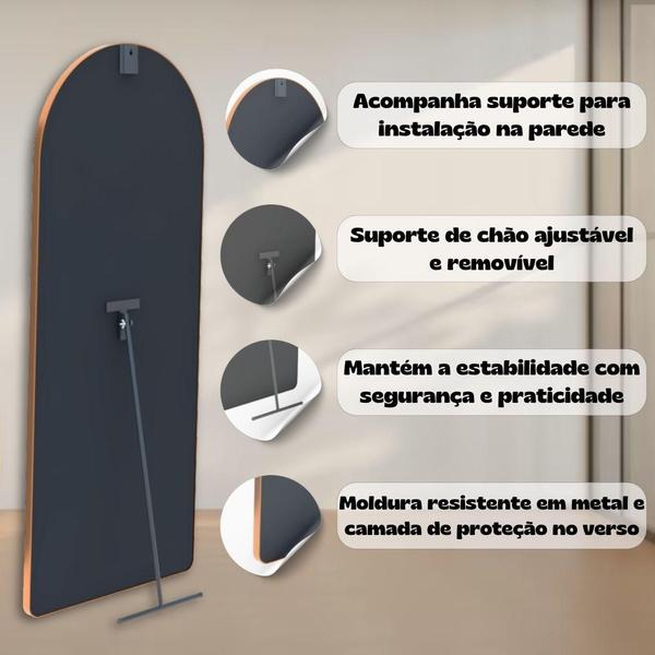 Imagem de Espelho Grande Oval com Suporte de Chão Base Reta 170x70 Corpo Inteiro Moldura de metal