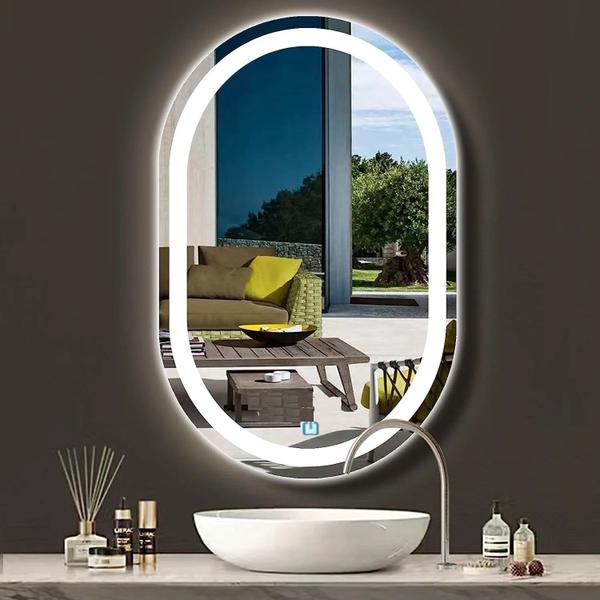 Espelho jateado oval iluminado com led frio touch 80x60cm - Woodglass Imagem de Espelho jateado oval iluminado com led frio touch 80x60cm