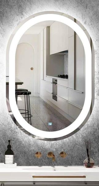 Espelho jateado oval iluminado com led frio touch 80x60cm - Woodglass Imagem de Espelho jateado oval iluminado com led frio touch 80x60cm