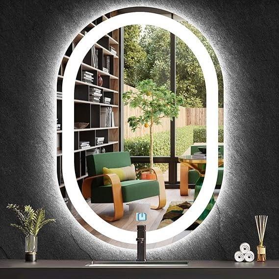 Espelho jateado oval iluminado com led frio touch 80x60cm - Woodglass Imagem de Espelho jateado oval iluminado com led frio touch 80x60cm