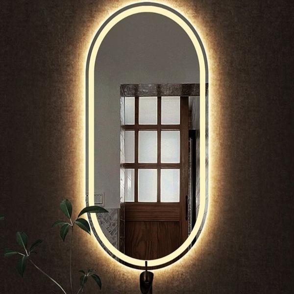 Espelho jateado Oval Iluminado com led quente - 60x150cm - Woodglass Imagem de Espelho jateado Oval Iluminado com led quente - 60x150cm