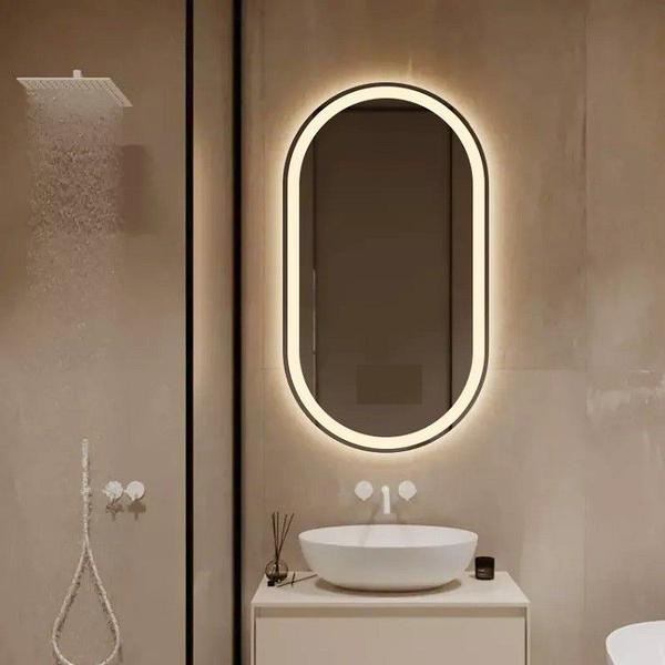 Espelho jateado Oval Iluminado com led quente - 60x150cm - Woodglass Imagem de Espelho jateado Oval Iluminado com led quente - 60x150cm