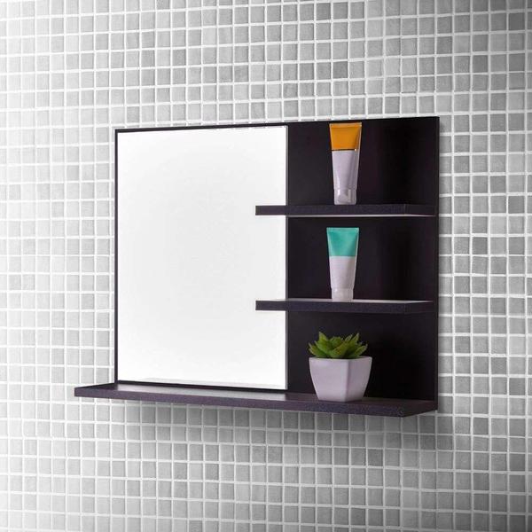 Espelho para Banheiro com Prateleiras Lugano Preto 60 x 45cm - Mercado das Prateleiras Imagem de Espelho para Banheiro com Prateleiras Lugano Preto 60 x 45cm