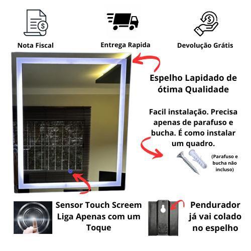 Imagem de Espelho Para Banheiro Jateado Retangular 50x70cm Com Led e Touch Screen