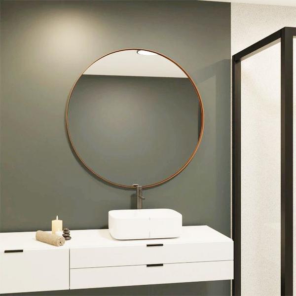 Espelho Redondo 50cm Moldura Couro Caramelo Luxo Banheiro Hall Quarto Sala - Cubas e Gabinetes Imagem de Espelho Redondo 50cm Moldura Couro Caramelo Luxo Banheiro Hall Quarto Sala