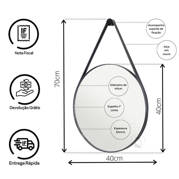Imagem de Espelho Redondo De Parede Alça Em Couro 40cm C/ Suporte