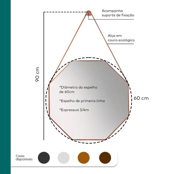 Imagem de Espelho Redondo Decorativo Suspenso Alça 60cm + Pino