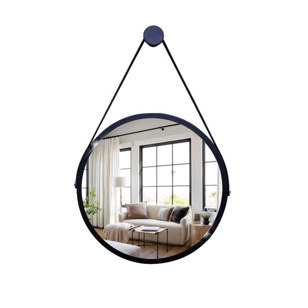 Imagem de Espelho Redondo Decorativo Suspenso Com Alça 20cm + Suporte Preto Alça Preta