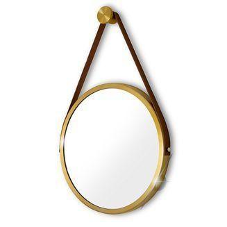 Imagem de Espelho Redondo Decorativo Suspenso Com Alça 30cm + Suporte Dourado Alça Caramelo