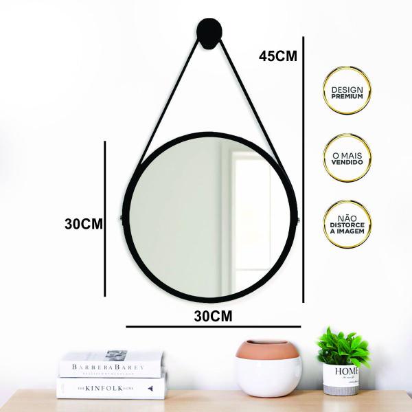 Imagem de Espelho Redondo Decorativo Suspenso Com Alça 30cm + Suporte Marrom Alça Caramelo