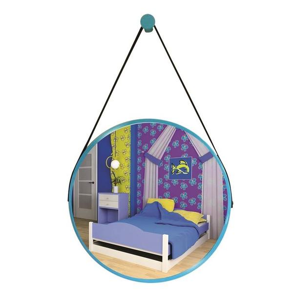 Imagem de Espelho Redondo Decorativo Suspenso Com Alça 40cm + Suporte Azul Alça Preta