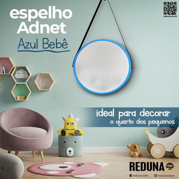 Imagem de Espelho Redondo Decorativo Suspenso Com Alça 40cm + Suporte Azul Alça Preta