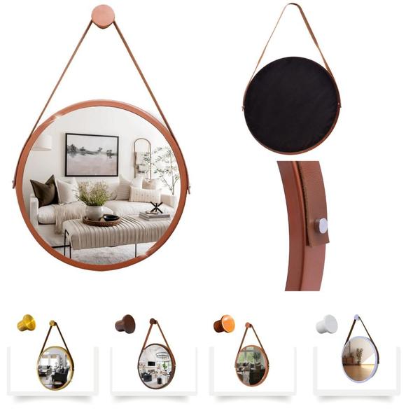 Imagem de Espelho Redondo Decorativo Suspenso Com Alça 40cm + Suporte Cobre Alça Caramelo