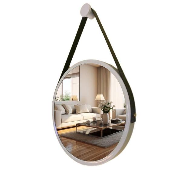 Imagem de Espelho Redondo Decorativo Suspenso Com Alça 50cm + Suporte - Branco / Alça Preta