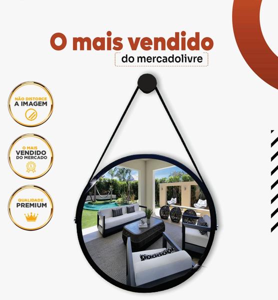 Imagem de Espelho Redondo Decorativo Suspenso Com Alça 50cm + Suporte