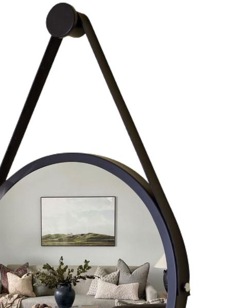 Imagem de Espelho Redondo Decorativo Suspenso Com Alça 50cm + Suporte Preto Alça Preta