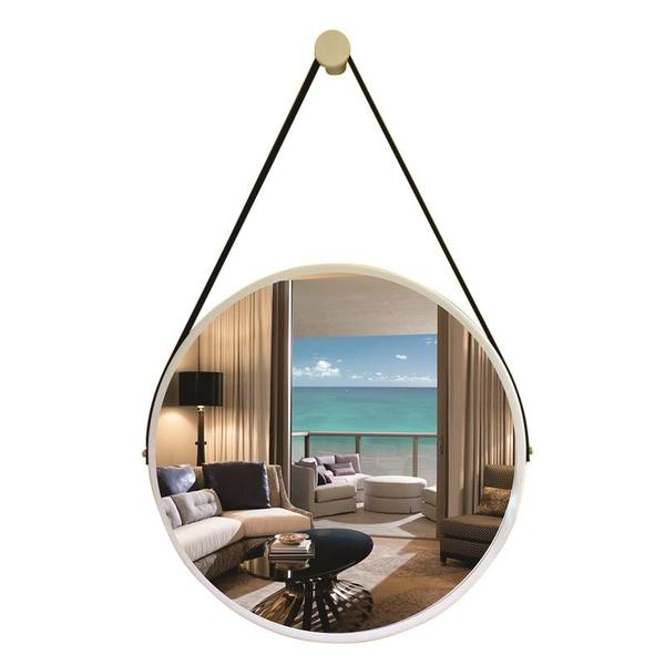 Imagem de Espelho Redondo Decorativo Suspenso Com Alça 60cm + Suporte - Branco / Alça Preta