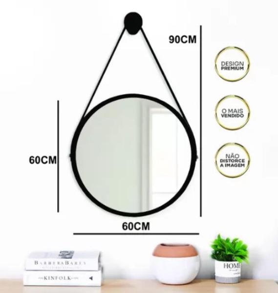 Imagem de Espelho Redondo Decorativo Suspenso Com Alça 60cm + Suporte - Branco / Alça Preta