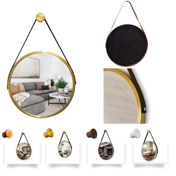 Imagem de Espelho Redondo Decorativo Suspenso Com Alça 60cm + Suporte Dourado Alça Preta