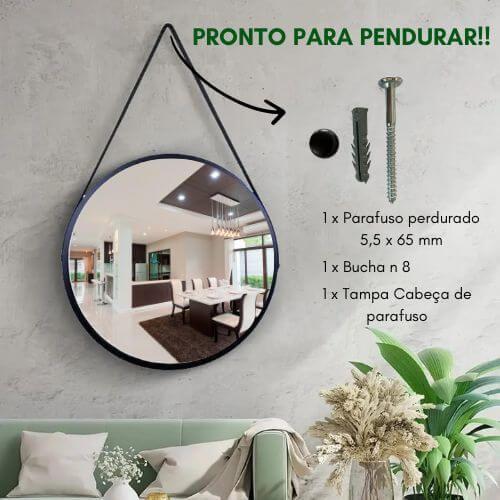 Imagem de Espelho Redondo Decorativo Suspenso Com Alça Preto 50cm + Fixador