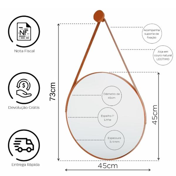 Imagem de Espelho Redondo Moderno Com Alça de material ecológico + Pino Pendurador
