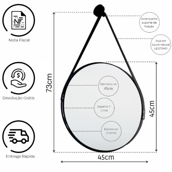 Imagem de Espelho Redondo Moderno Com Alça de material ecológico + Pino Pendurador