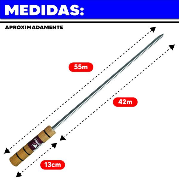 Espeto Churrasco Gaúcho 55cm Aço Cromado Cabo Madeira Profissional - Grilazer Imagem de Espeto Churrasco Gaúcho 55cm Aço Cromado Cabo Madeira Profissional