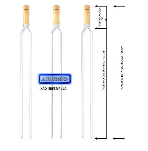 Imagem de Espetos Churrasco Alumínio Duplo 75cm Cabo Madeira Kit com 3