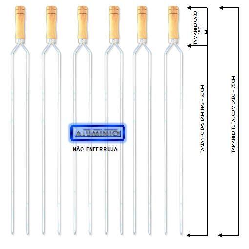 Imagem de Espetos Churrasco Alumínio Duplo 75cm Cabo Madeira Kit com 6