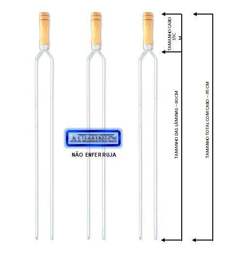 Imagem de Espetos Churrasco Alumínio Duplo 95cm Cabo Madeira Kit com 3