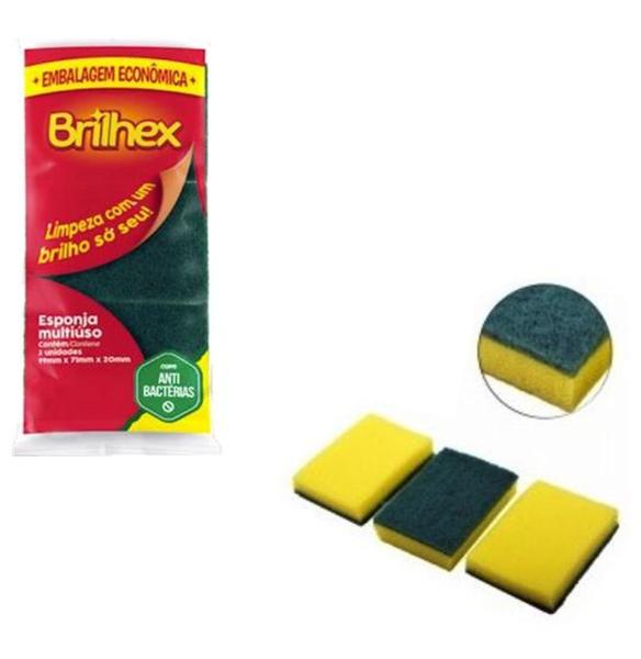 Imagem de Esponja Bucha Abrasiva Multiuso Brilhex Dupla Face Kit Com 3 Pecas 99X71X20Mm - Alklin