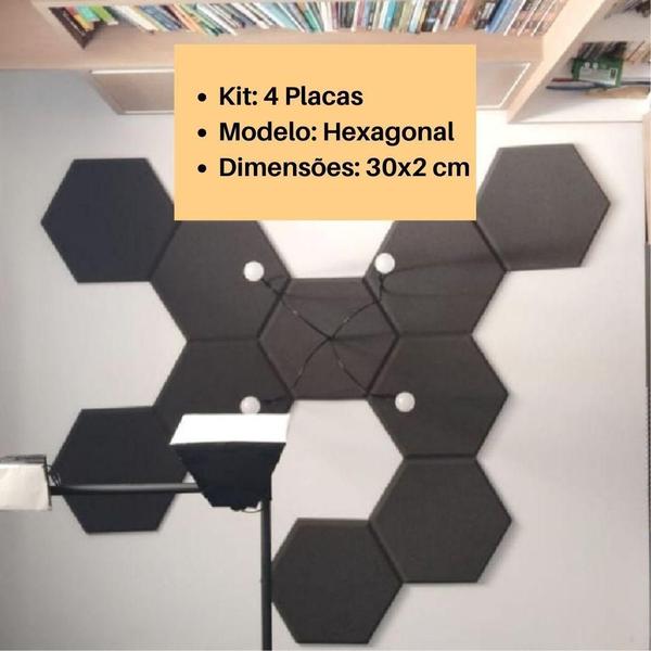 Imagem de Espuma Acustica Hexagonal Anti Ruido 30X2Cm Kit Com 4 Placas