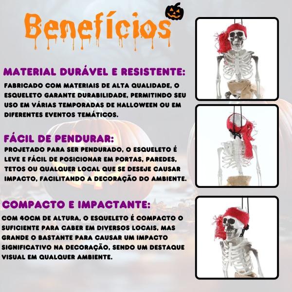 Imagem de Esqueleto Pirata de 40cm Pendurar Decoração Halloween