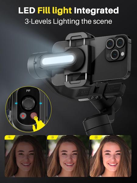 Imagem de Estabilizador de cardan profissional para smartphone, haste de extensão embutida de 18 cm e poderosa luz de preenchimento, início de 360, estabilizador de rastreamento de rosto e objetos, cardan de 3 eixos para iPhone e Android - Aochuan Smart S2