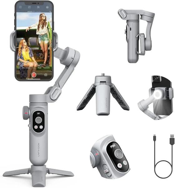 Imagem de Estabilizador Gimbal Portátil para Smartphone - 3 Eixos, Carregamento Sem Fio, Display OLED e Luz LED